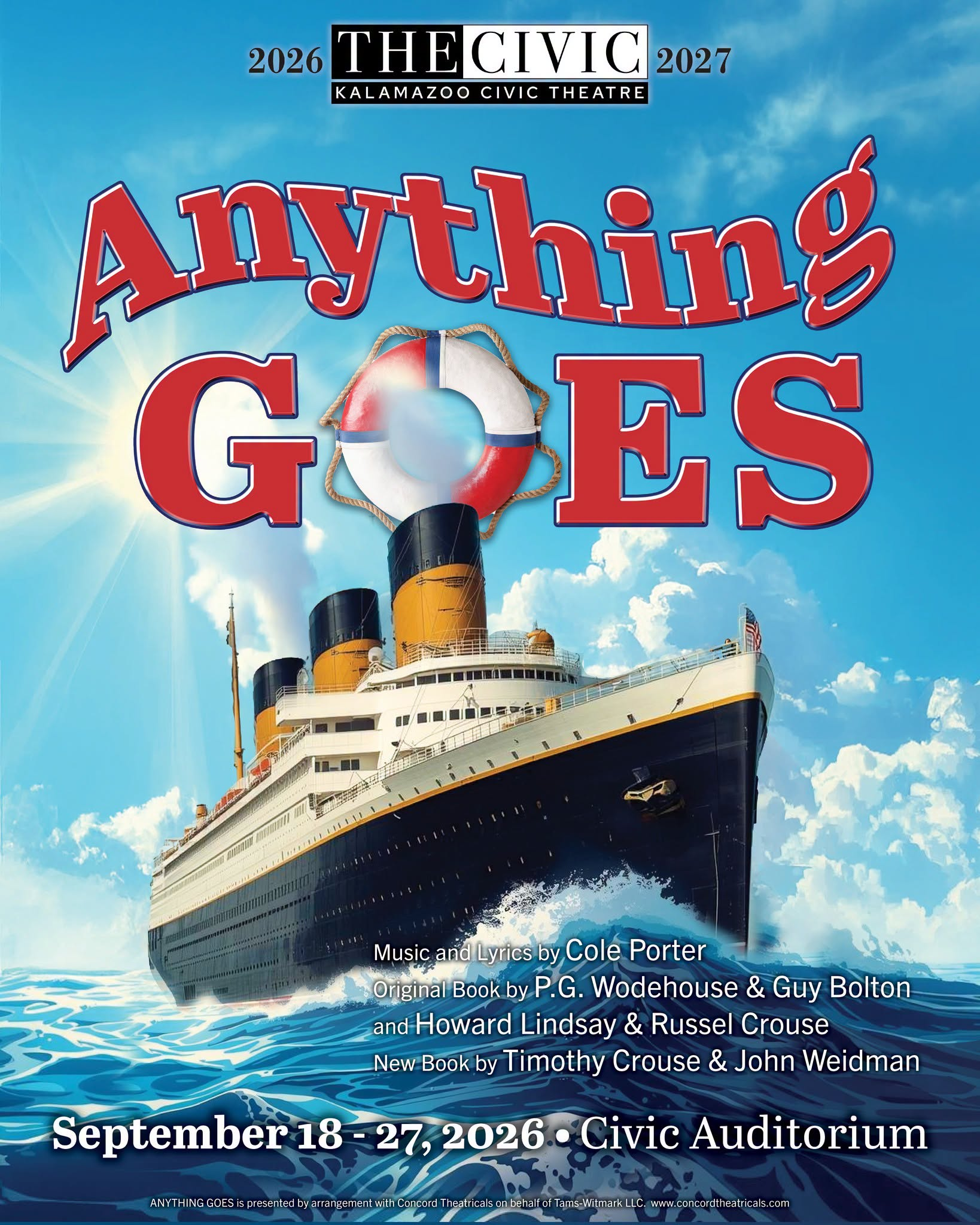 A picture of a large ship on a sea advertising Anything Goes at the Civic Theatre