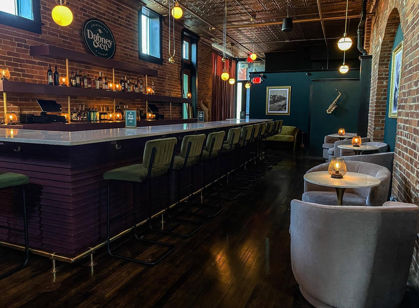 Photo of an empty cocktail bar with dim lighting