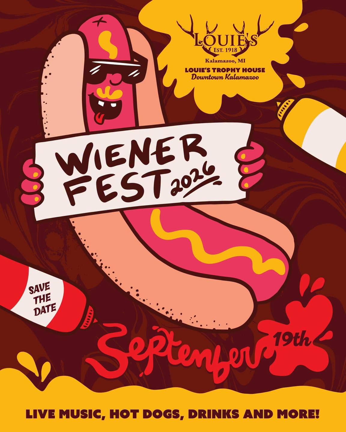 A cartoon hot dog holding a sign