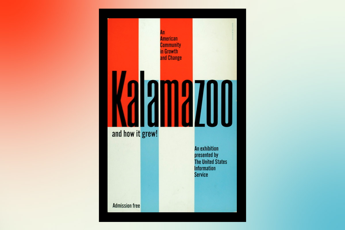 Black and white poster with red and blue vertical stripes with the word Kalamazoo in bold
