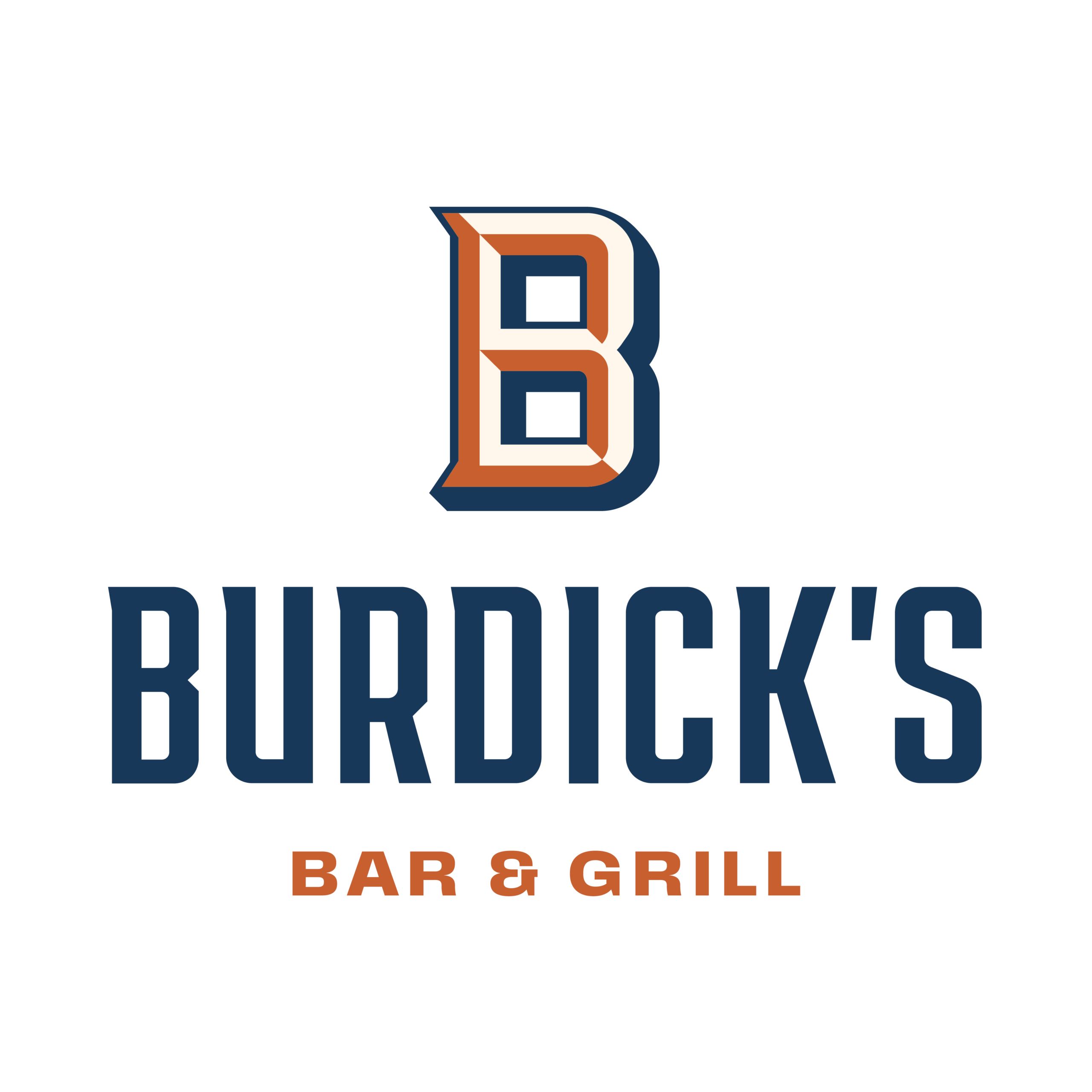 A large orange B that says Burdick's in blue underneath